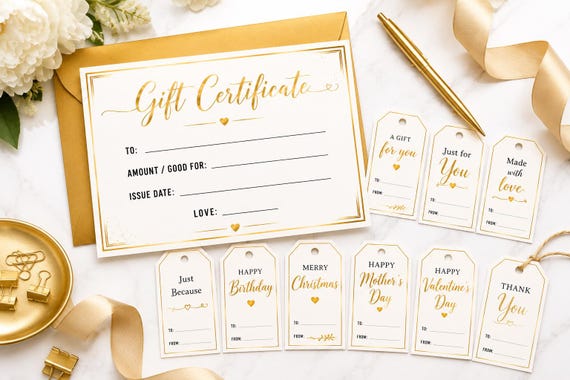 Editable Gift Certificate/ Gift Tag bundle | Fillable PDF | Printable Gift Voucher | Gold Foil Gift Card | Instant Download | Gift Tag