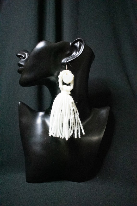 White, Beaded, Yarn Tassel Earrings, Heart, Diamond, Circle shape, Statement Earrings