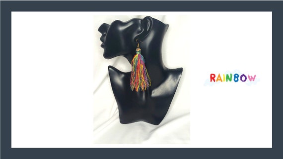 Rainbow, Fringe, Tassel Earrings, Statement earrings, Boho, Dramatic Tassel Earrings, Hippie Earrings, Shabby Chic Earrings