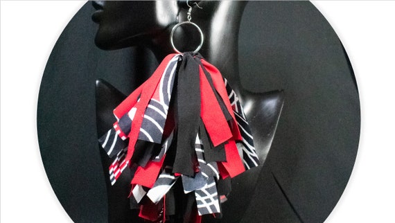 Red, Black, and White, Fabric Fringe Tassel Earrings, Big earrings, Extra long Earrings,  Statement Earrings