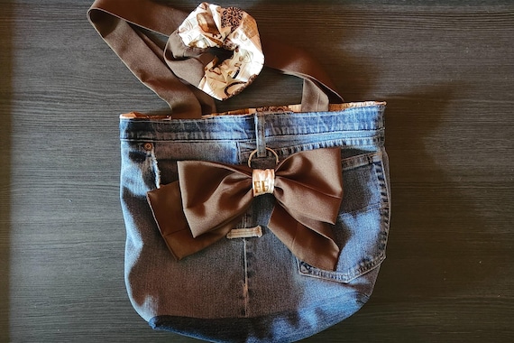 Coffee Denim Tote, Denim bag with Bow, Medium Denim Shoulder Bag, Handmade Coffee Lover Bag, Retro Denim Tote Bag, Distressed Denim Tote