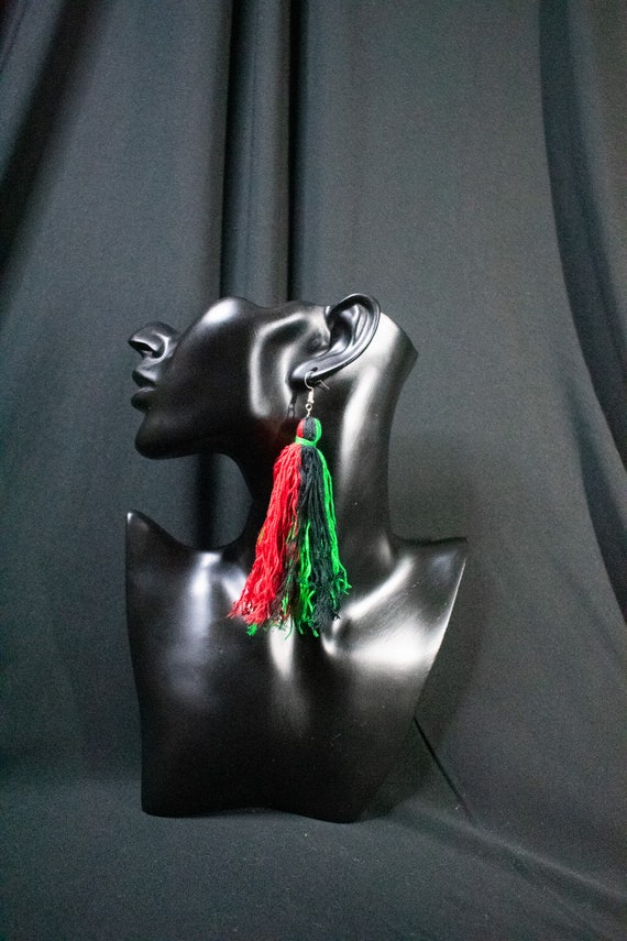 Green, black, and Red, Dangly Tassle earrings, extra long earrings, afro-centric earrings, African flag Earring, Statement earrings.