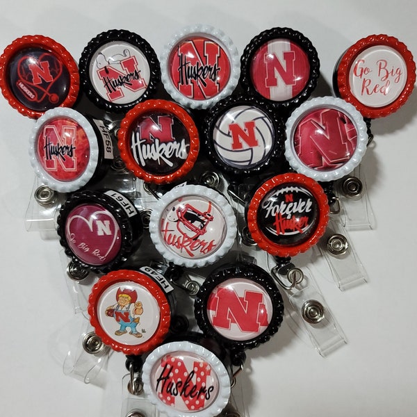 Retractable NE. HUSKERS ID reels, Badge holders for work, student, 1 of a kind image.