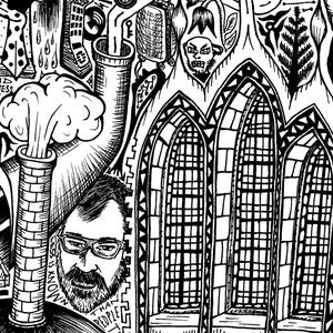 May include: Black and white pen and ink illustration with architectural and industrial elements. A brick smokestack emits a cloud of smoke. The image includes a face, text, and gothic-style arched windows. The text reads "END BOSSINESS SOON" and "MONEY IS KNOWN THAN PEOPLE".