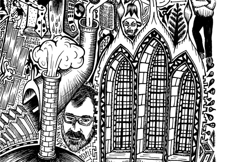 May include: Black and white pen and ink illustration with architectural and industrial elements. A brick smokestack emits a cloud of smoke. The image includes a face, text, and gothic-style arched windows. The text reads "END BOSSINESS SOON" and "MONEY IS KNOWN THAN PEOPLE".