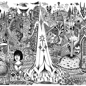 May include: Detailed black and white illustration featuring a central, stylized structure with a star design, surrounded by various architectural elements, figures, and surreal imagery. The artwork has a whimsical, dreamlike quality.