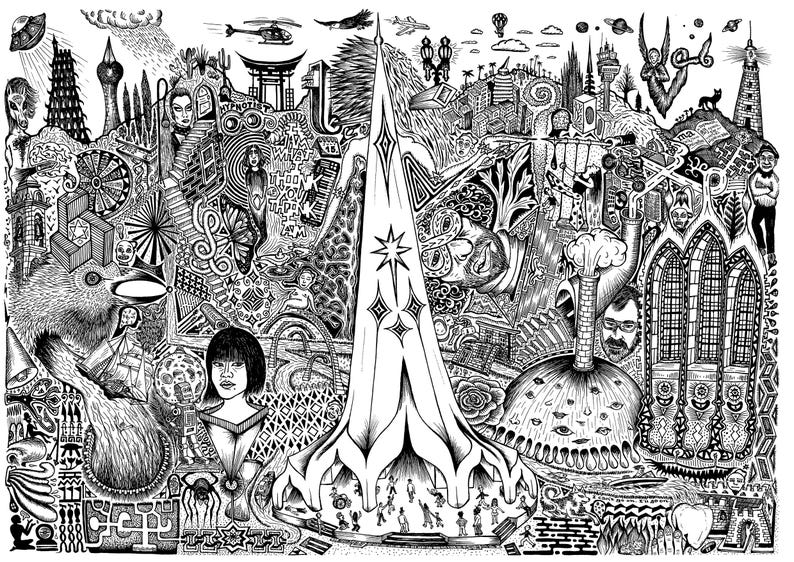 May include: Detailed black and white illustration featuring a central, stylized structure with a star design, surrounded by various architectural elements, figures, and surreal imagery. The artwork has a whimsical, dreamlike quality.