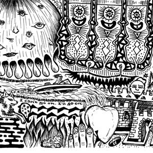 May include: Black and white pen and ink illustration with surreal elements. Features a face with eyes and mouths, a boat on water, a wolf, flames, and a castle. Text reads "I can't go on. I'll go on."