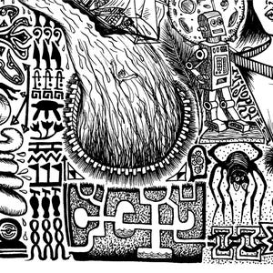 May include: Black and white ink illustration with a surreal theme. The artwork features a variety of elements, including a robot, spider, and geometric shapes. The word "MISOPOL" is visible. The style is reminiscent of a detailed doodle.