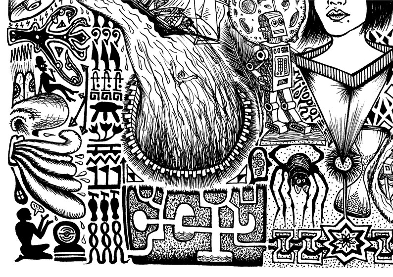 May include: Black and white ink illustration with a surreal theme. The artwork features a variety of elements, including a robot, spider, and geometric shapes. The word "MISOPOL" is visible. The style is reminiscent of a detailed doodle.