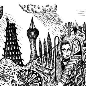 May include: Black and white illustration featuring a surreal cityscape with a flying saucer, a horse-like figure, and a woman. Other elements include a tower, a staircase, and the word "Hypnotist".