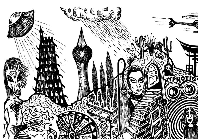 May include: Black and white illustration featuring a surreal cityscape with a flying saucer, a horse-like figure, and a woman. Other elements include a tower, a staircase, and the word "Hypnotist".