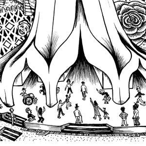 May include: Black and white pen and ink illustration featuring a large, stylized structure with multiple arches, resembling a tree or building. Small figures of people are depicted beneath the arches, with a rose and other abstract elements in the background.