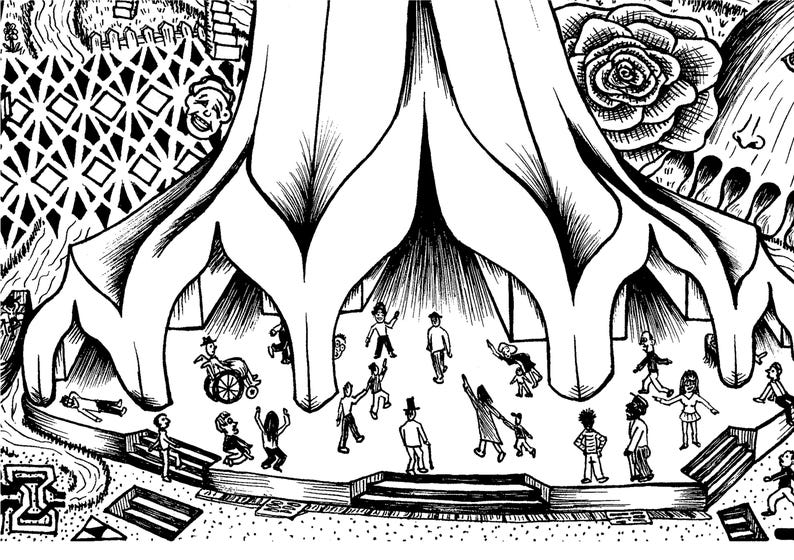 May include: Black and white pen and ink illustration featuring a large, stylized structure with multiple arches, resembling a tree or building. Small figures of people are depicted beneath the arches, with a rose and other abstract elements in the background.