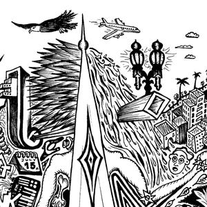 May include: Black and white ink illustration of a cityscape with various elements. Includes a helicopter, eagle, airplane, hot air balloon, and buildings. The text "I AM WHAT THOU ART" is visible. A calendar shows July 15.