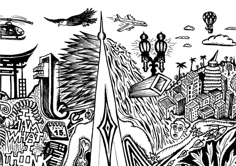 May include: Black and white ink illustration of a cityscape with various elements. Includes a helicopter, eagle, airplane, hot air balloon, and buildings. The text "I AM WHAT THOU ART" is visible. A calendar shows July 15.