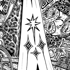 May include: Black and white pen and ink illustration with surreal elements. A central star shape is flanked by diamond shapes. The artwork includes a figure, a house, and text that reads "YOU THINK I AM".