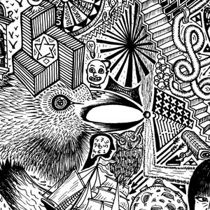 May include: Black and white pen and ink drawing with a variety of abstract and surreal elements. The artwork includes geometric shapes, a bird, an owl, a face, a ship, and a butterfly. The style is detailed and intricate.