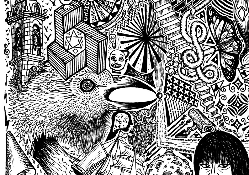 May include: Black and white pen and ink drawing with a variety of abstract and surreal elements. The artwork includes geometric shapes, a bird, an owl, a face, a ship, and a butterfly. The style is detailed and intricate.