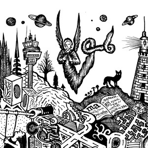 May include: Black and white pen and ink drawing of a surreal landscape with architectural elements, celestial bodies, and figures. Includes a lighthouse, angel, cat, and text that reads "ma".