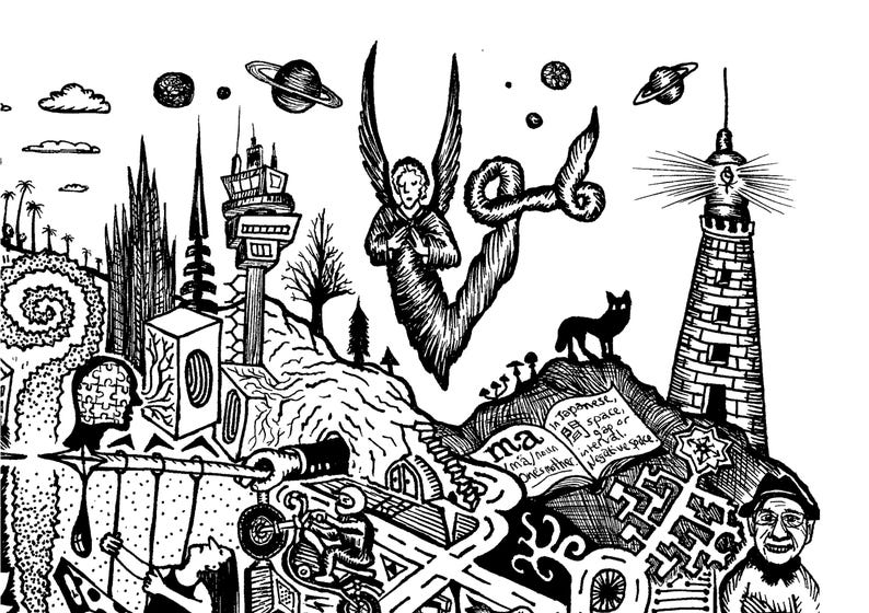 May include: Black and white pen and ink drawing of a surreal landscape with architectural elements, celestial bodies, and figures. Includes a lighthouse, angel, cat, and text that reads "ma".