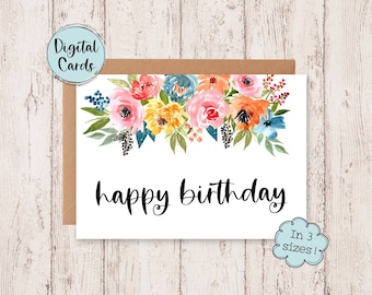 Floral Happy Birthday Card | Printable Digital Card | Watercolor ...