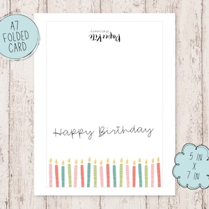 May include: A7 folded birthday card with the text "Happy Birthday" in a handwritten style. The card features a row of colorful candles at the bottom and measures 5 inches by 7 inches.