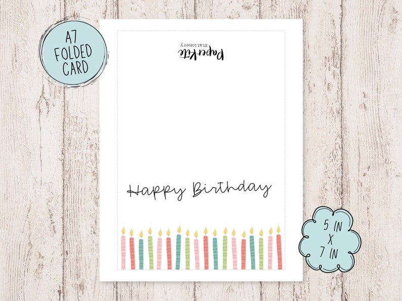 May include: A7 folded birthday card with the text "Happy Birthday" in a handwritten style. The card features a row of colorful candles at the bottom and measures 5 inches by 7 inches.