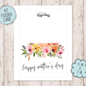 May include: A white card with a floral border and the text "happy mother's day". The card is 5 inches by 7 inches and is folded in half.