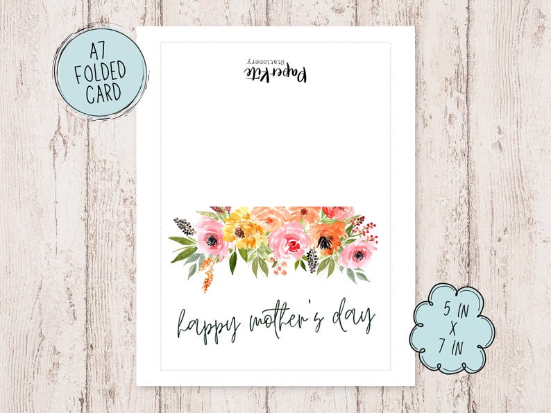 May include: A white card with a floral border and the text "happy mother's day". The card is 5 inches by 7 inches and is folded in half.