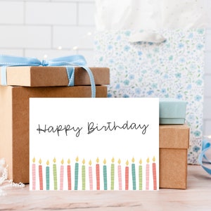 May include: A birthday card with the words "Happy Birthday" in black script, above a row of colorful candles. The card is in front of wrapped gifts and a gift bag, all in a light, airy setting.