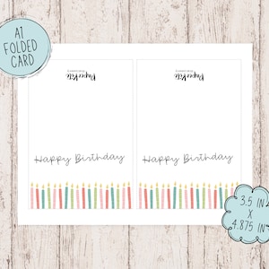 May include: A folded A1 birthday card with the text "Happy Birthday" in a handwritten style. The bottom of the card features a row of colorful candles. The card measures 3.5 inches by 4.875 inches.