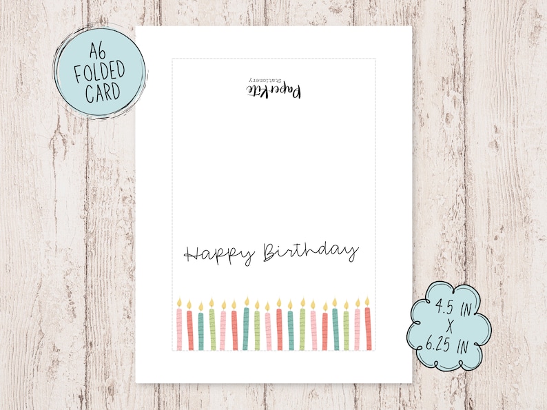 May include: A6 folded birthday card with the words "Happy Birthday" in black script. The bottom of the card features a row of colorful candles. The card measures 4.5 inches by 6.25 inches.