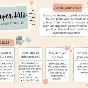 May include: A digital download announcement from Paper Kite Stationery Designs. The image includes details about the product, including the file type, sizes, and how to access the file. The product is printed on 8.5"x11" paper and cut down to 3 card sizes.