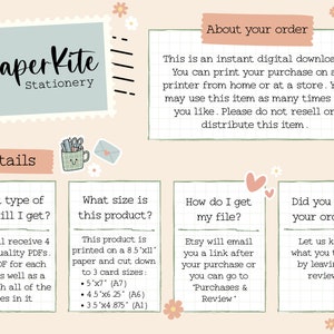 May include: A digital download graphic with the Paper Kite Stationery logo. The image provides details about the product, including file types, sizes (5"x7", 4.5"x6.25", 3.5"x4.875"), and printing instructions. It also includes information on how to access the file and leave a review.