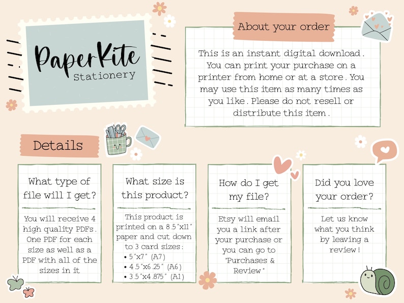 May include: A digital download graphic with the Paper Kite Stationery logo. The image provides details about the product, including file types, sizes (5"x7", 4.5"x6.25", 3.5"x4.875"), and printing instructions. It also includes information on how to access the file and leave a review.