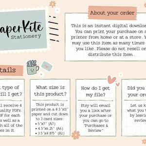 May include: A digital download guide for printable stationery. The guide includes information about the file types, sizes, and how to download the files. The guide also includes a section on leaving a review.