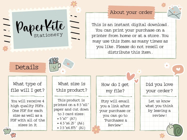 May include: A digital download guide for printable stationery. The guide includes information about the file types, sizes, and how to download the files. The guide also includes a section on leaving a review.
