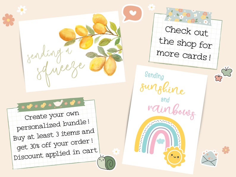 May include: A collection of greeting cards with cheerful designs. One card features lemons and the phrase "sending a squeeze." Another card displays a rainbow and sun with the text "sending sunshine and rainbows." The image also includes the text "Check out the shop for more cards!"