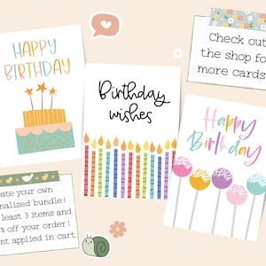 May include: A collection of birthday cards with colorful designs. One card says "Happy Birthday" with a cake illustration. Another says "Birthday wishes" with candles. A third card says "Happy Birthday" with cake pops. The image also includes text that says "Check out the shop for more cards!"