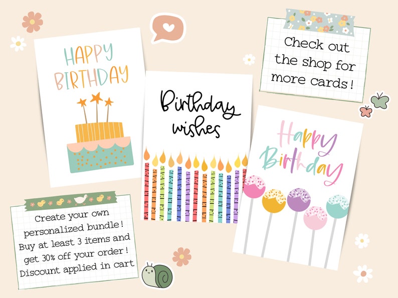 May include: A collection of birthday cards with colorful designs. One card says "Happy Birthday" with a cake illustration. Another says "Birthday wishes" with candles. A third card says "Happy Birthday" with cake pops. The image also includes text that says "Check out the shop for more cards!"