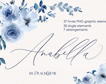 Anabella Blue Watercolor FLowers PNG Clipart Set, Blue Floral, Dusty Blue, Floral Clip Art Indigo Navy Sapphire Bouquets Arrangements  PNG