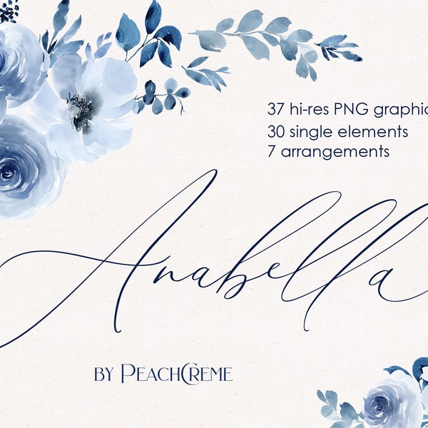 Anabella Blue Watercolor FLowers PNG Clipart Set, Blue Floral, Dusty Blue, Floral Clip Art Indigo Navy Sapphire Bouquets Arrangements  PNG