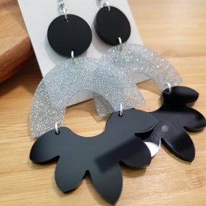 4 in Black Glitter Acrylic Statement Earrings Modern Trendy Earrings