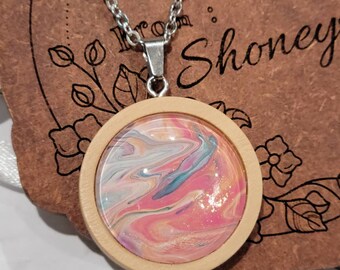 18in Wooded Pendant Necklace Pastels Cabochon Fluid Art Stainless Steel Statement Jewelry