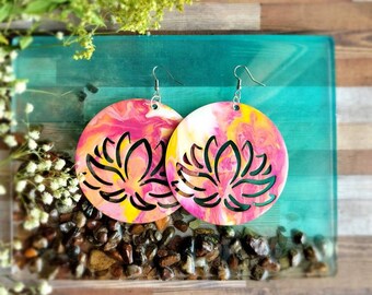 3in lotus Flower Pink and Yellow Statement Earrings Big Circle Wooden Resin Dangle