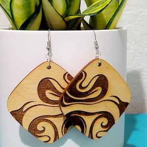 Engraved Swirls Wooden Statement Earrings, Funky Tendy, Lightweight