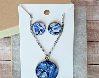 Blue Acrylic Paint Pour Pendant Necklace and Studs Earring Jewelry Set Stainless Steel