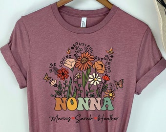 Benutzerdefinierte Nonna Shirt mit Enkelkinder Namen Muttertag Geschenk Nonna Wildblumen TShirt Omas Garten Shirt personalisierte Blumen T-Shirts Nonna Geschenk