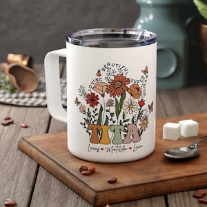 Caneca de viagem personalizada Tita com nomes de crianças, presente de dia das mães, nova tia, flores silvestres, caneca térmica personalizada, presentes filipinos
